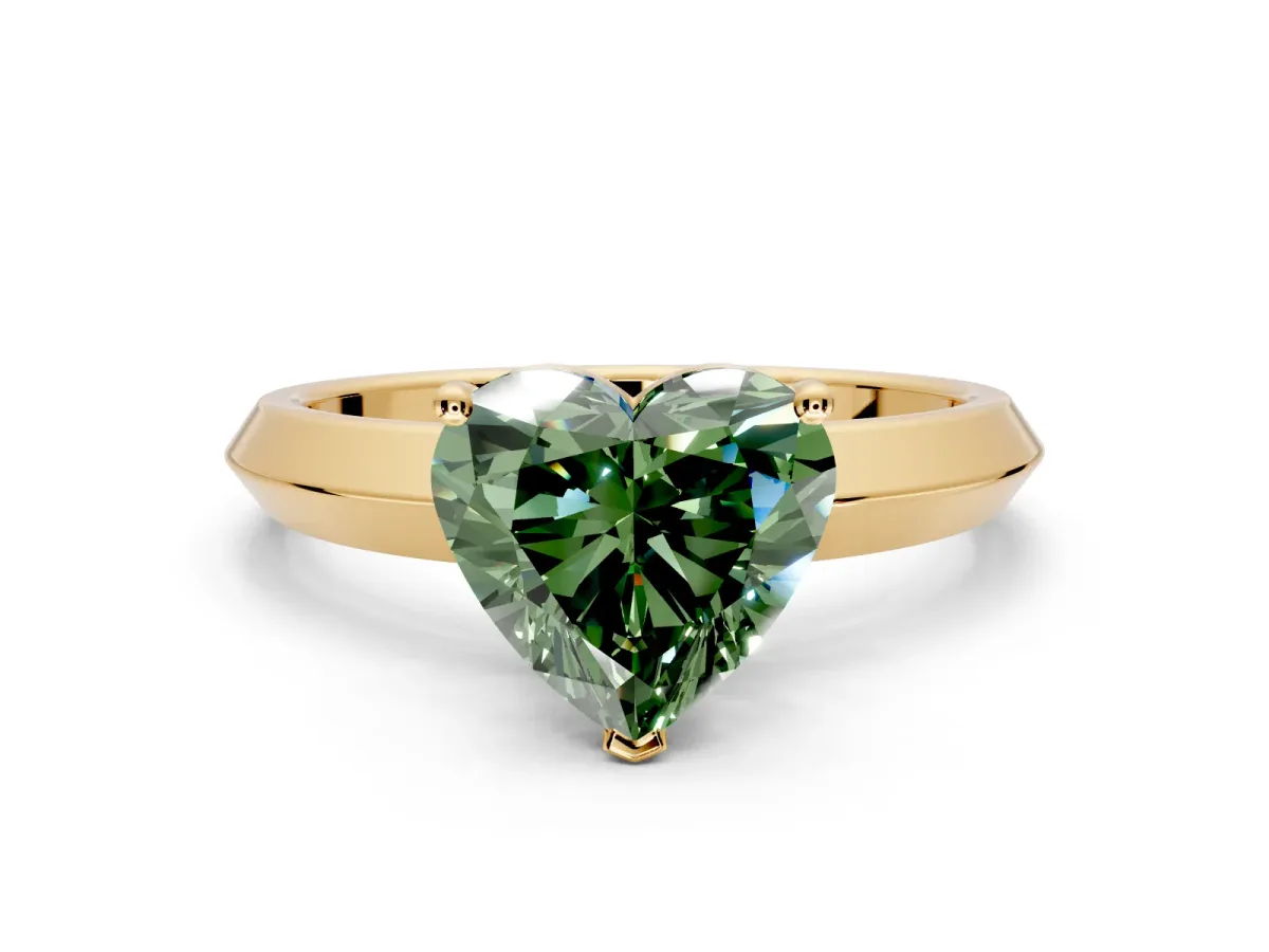 Solitaire Engagement Ring Setting for Fancy Green Heart-Shaped Center with Wide Knife Ridge Band and Prong Head in Yellow Gold