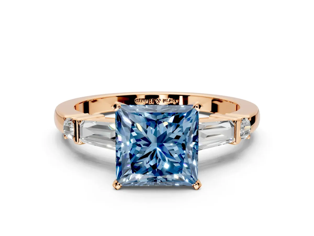 Bar-Set Engagement Ring Setting for Fancy Blue Princess Cut Center with Tapered Baguette Accents and Prong Head in Rose Gold