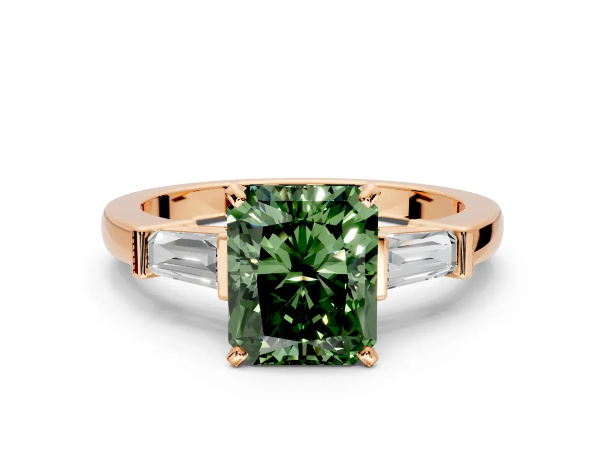 3 Stone Engagement Ring Setting for Fancy Green Radiant Cut Center with Channel Baguette Accents and Prong Head in Rose Gold