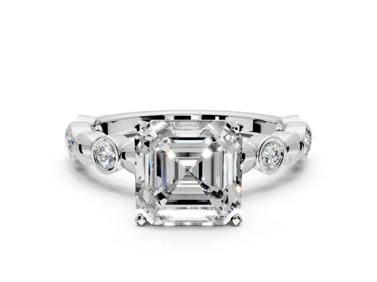 Solitaire Engagement Ring Setting for Asscher Cut Center with Beaded Bezel Station Band and Prong Head in Platinum