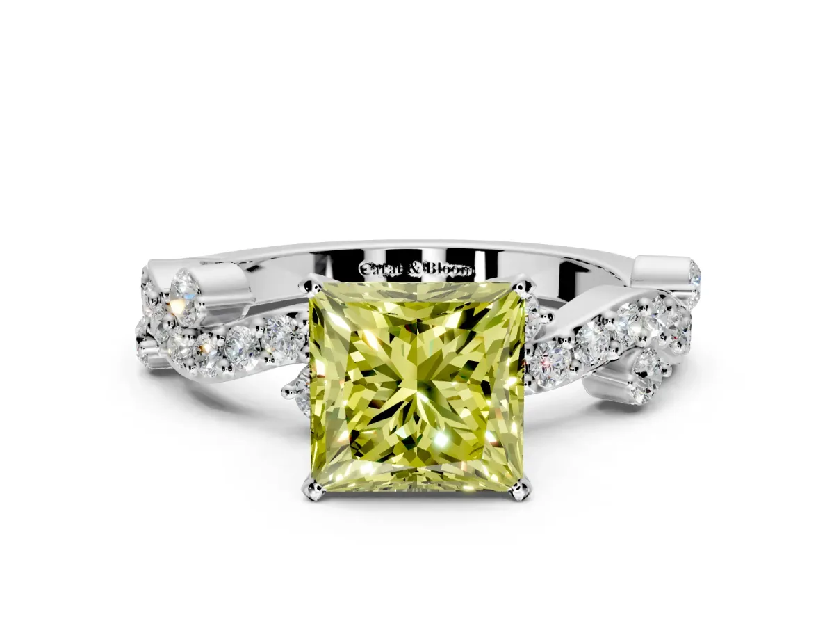 Solitaire Engagement Ring Setting for Fancy Yellow Princess Cut Center with Bar-Station Pave Twist and Prong Head in Sterling Silver