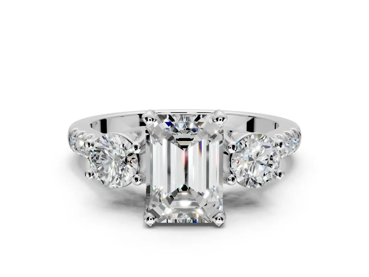 3 Stone Engagement Ring Setting for Emerald Cut Center with Crossover Basket, Pave Band and Prong Head in Platinum
