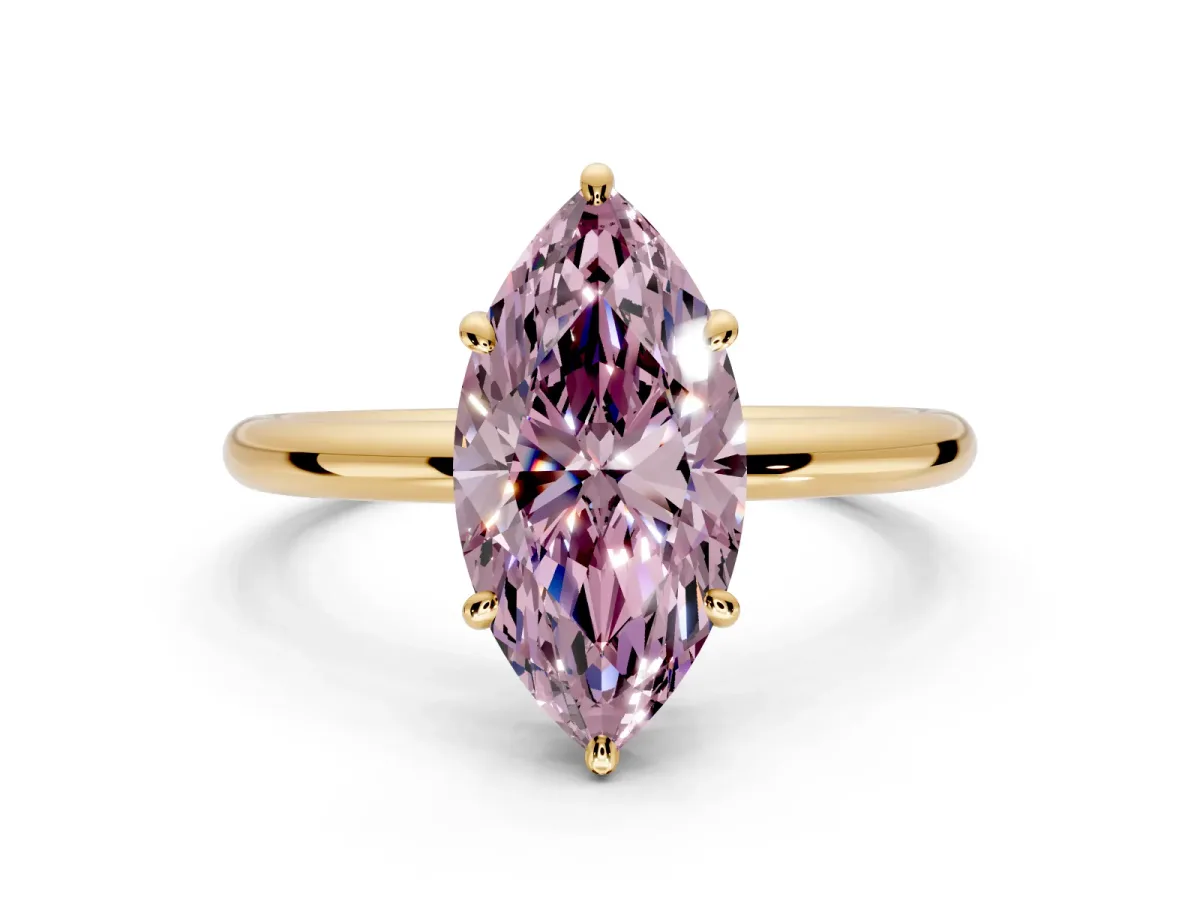 Low-Set Solitaire Engagement Ring Setting for Fancy Pink Marquise Center with Thin Plain Band and Prong Head in Yellow Gold