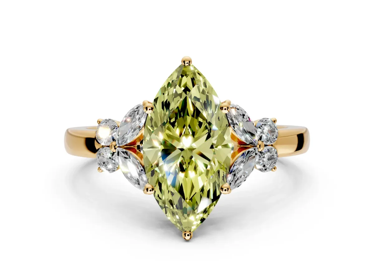 Solitaire Engagement Ring Setting for Fancy Yellow Marquise Center with Marquise Flower Shoulders and Prong Head in Yellow Gold