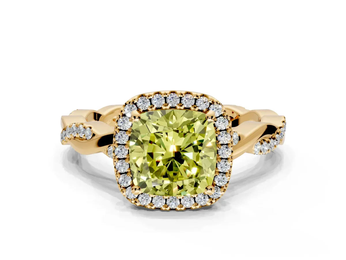 Halo Engagement Ring Setting for Fancy Yellow Cushion Cut Center with Pave and Plain Twist Band and Prong Head in Yellow Gold