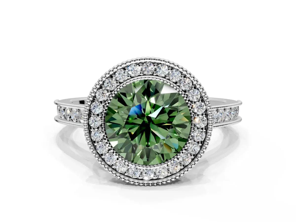 Halo Engagement Ring Setting for Fancy Green Round Cut Center with Milgrain Pave Band and Bezel Head in Platinum