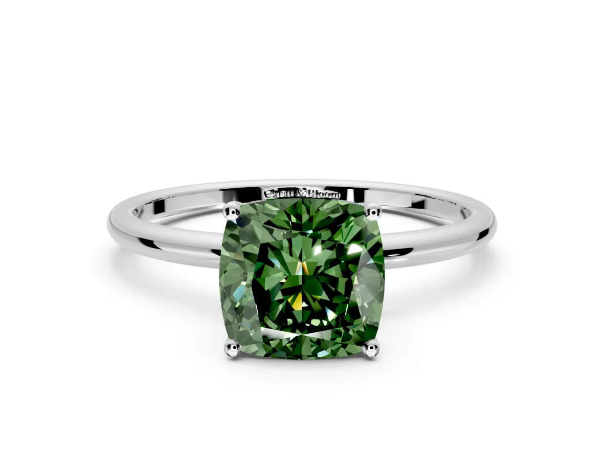 Solitaire Engagement Ring Setting for Fancy Green Cushion Cut Center with Straight Thin Band and Prong Head in Sterling Silver