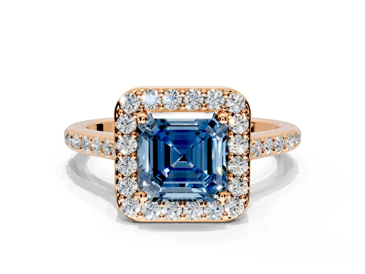 Halo Engagement Ring Setting for Fancy Blue Asscher Cut Center with Pave Accents, Heart Basket and Prong Head in Rose Gold