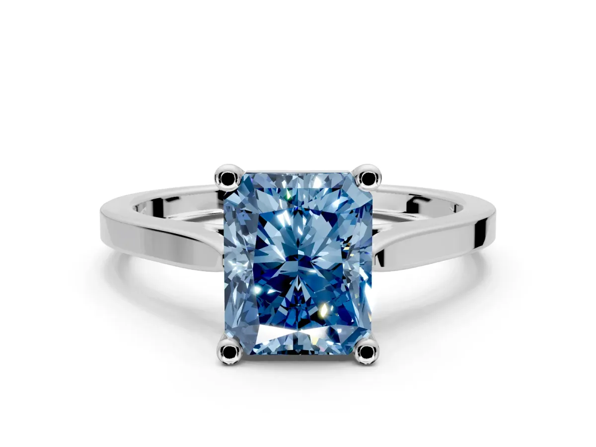 Solitaire Engagement Ring Setting for Fancy Blue Radiant Cut Center with Tapered Shoulders and Prong Head in Platinum