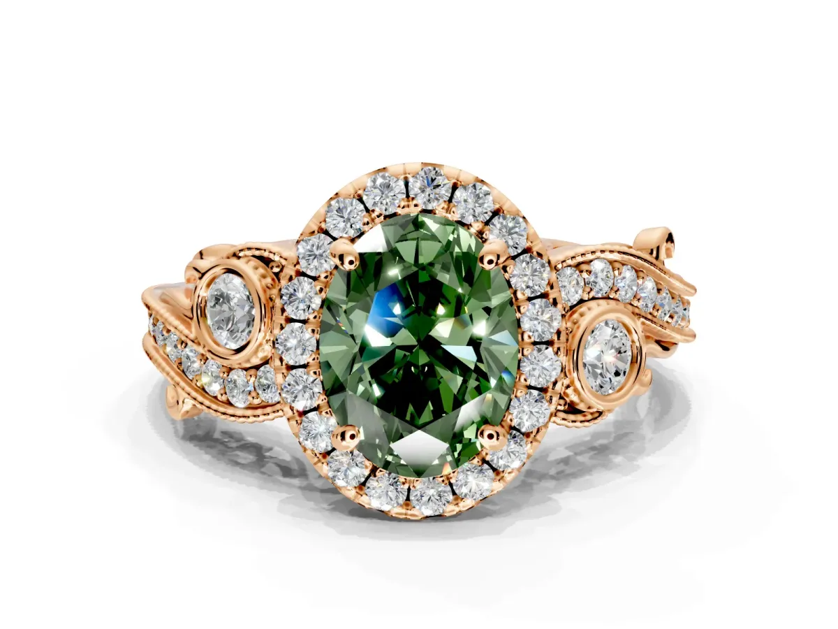 Milgrain Halo Engagement Ring Setting for Fancy Green Oval Center with Shoulder Bezels and Prong Head in Rose Gold