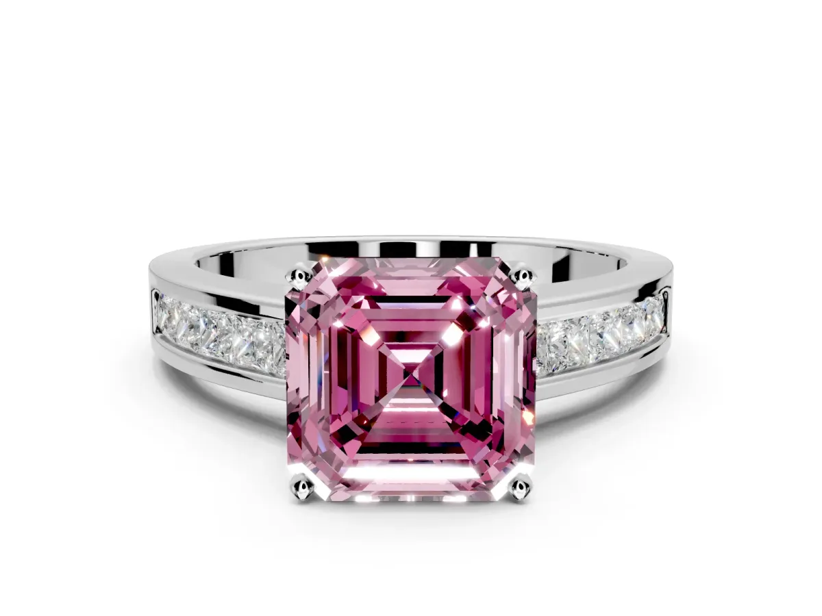 Solitaire Engagement Ring Setting for Fancy Pink Asscher Cut Center with Princess Cut Channel Band and Prong Head in White Gold