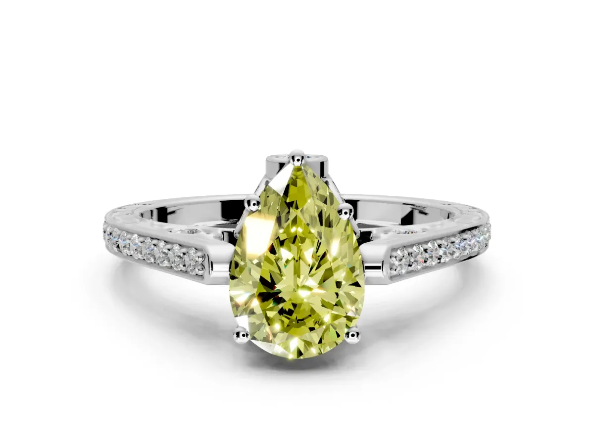 Cathedral Engagement Ring Setting for Fancy Yellow Pear-Shaped Center with Antique-Style Pave Band and Prong Head in Sterling Silver