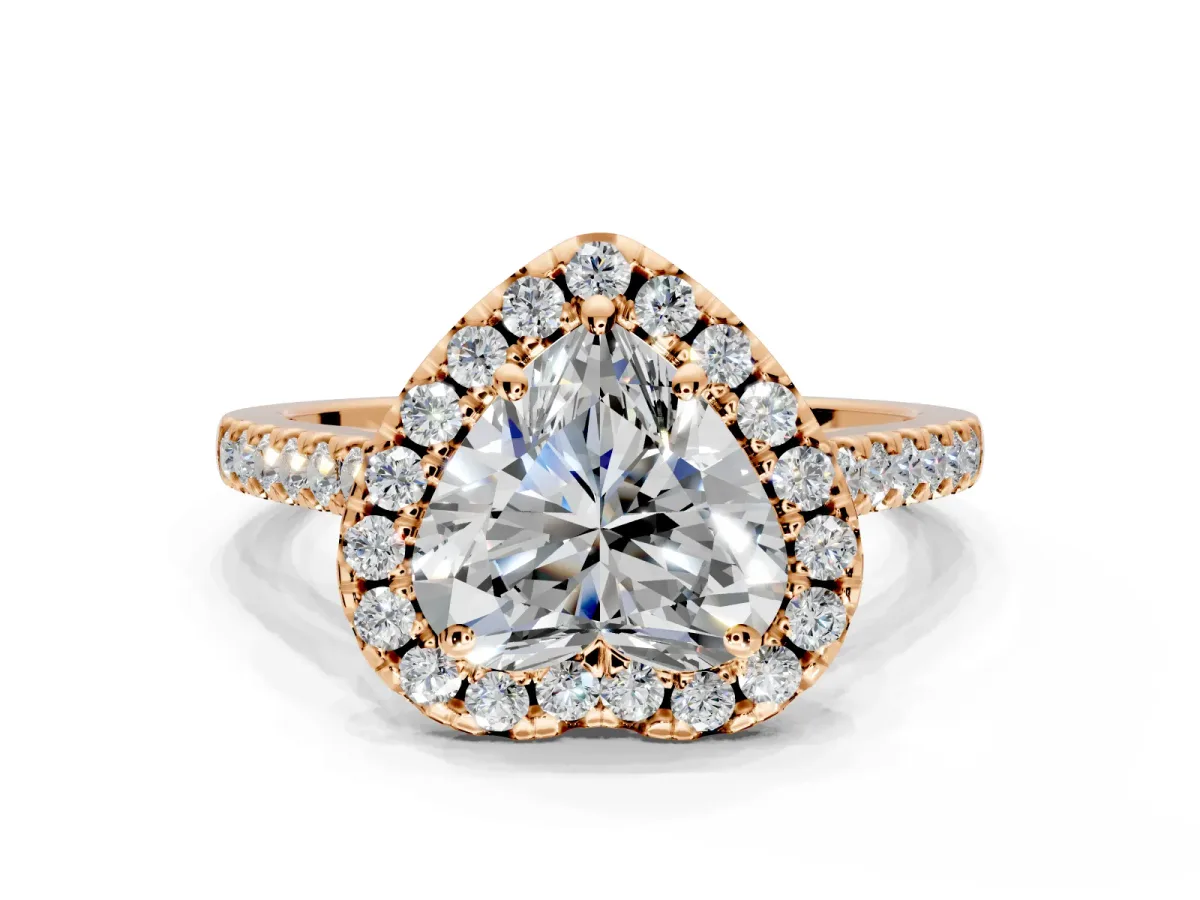 Halo Engagement Ring Setting for Heart-Shaped Center with Raised Halo, Pave Band and Prong Head in Rose Gold