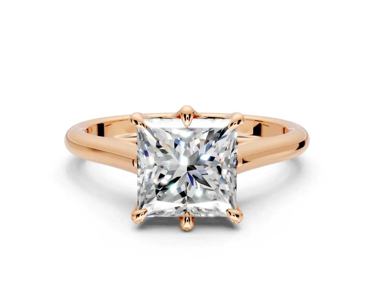 Solitaire Engagement Ring Setting for Princess Cut Center with Cathedral Band and Prong Head in Rose Gold