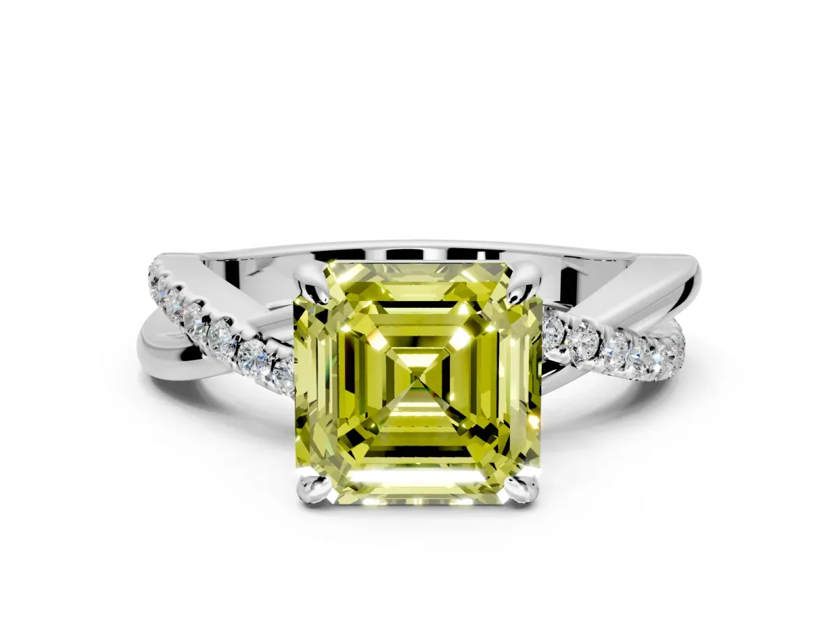 Solitaire Engagement Ring Setting for Fancy Yellow Asscher Cut Center with Half-Pave Crossover Band and Prong Head in Platinum