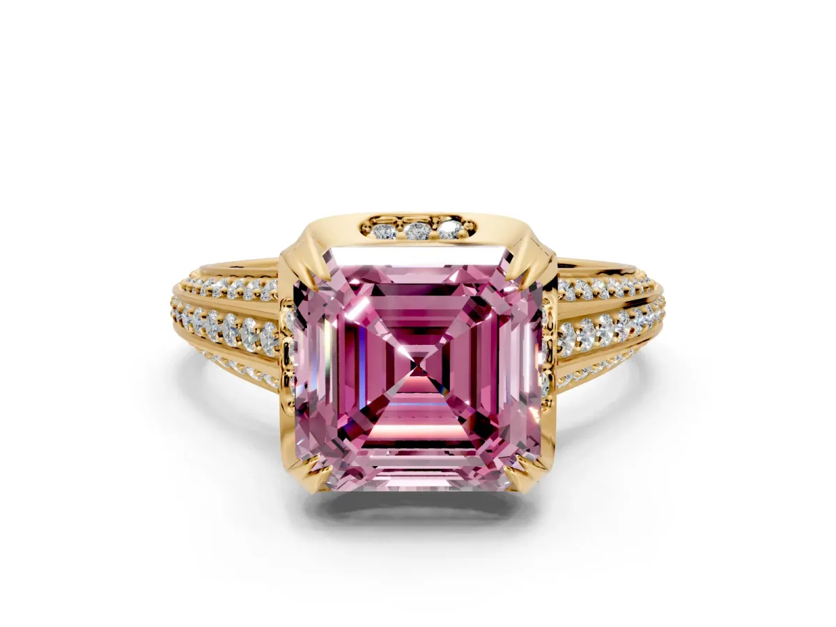 Solitaire Engagement Ring Setting for Fancy Pink Asscher Cut Center with Accented Split Shank and Prong Head in Yellow Gold