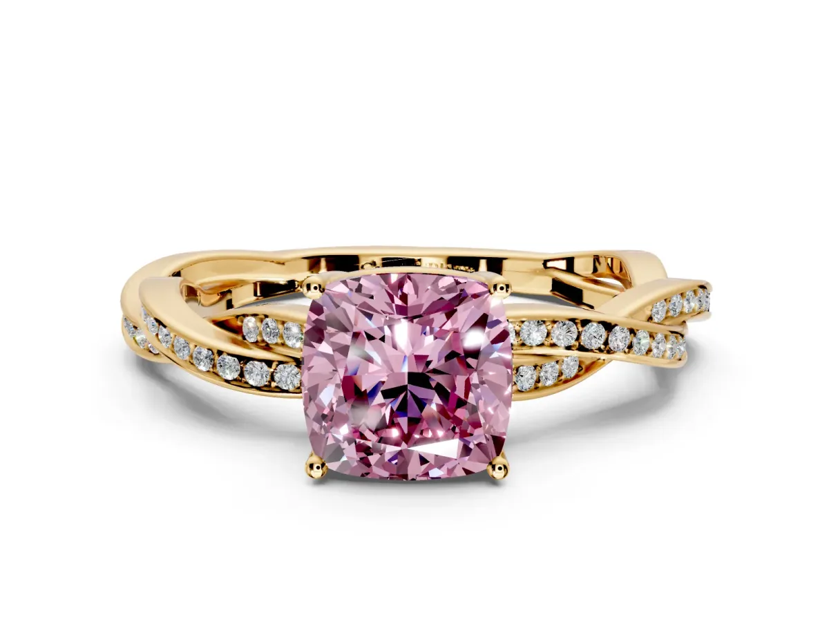 Solitaire Engagement Ring Setting for Fancy Pink Cushion Cut Center with Twisted Pave Band and Prong Head in Yellow Gold