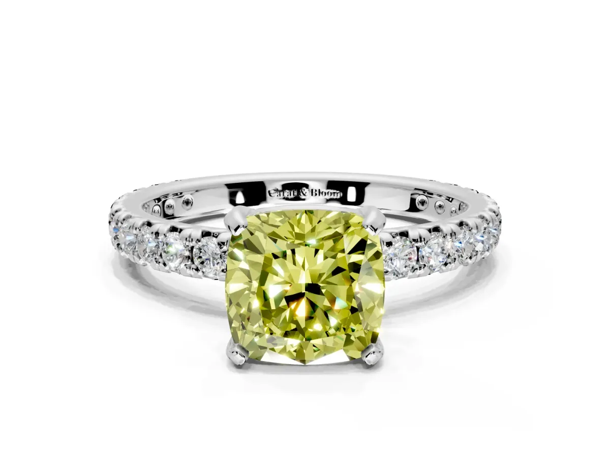 Solitaire Engagement Ring Setting for Fancy Yellow Cushion Cut Center with Shared-Prong Accents and Prong Head in Platinum