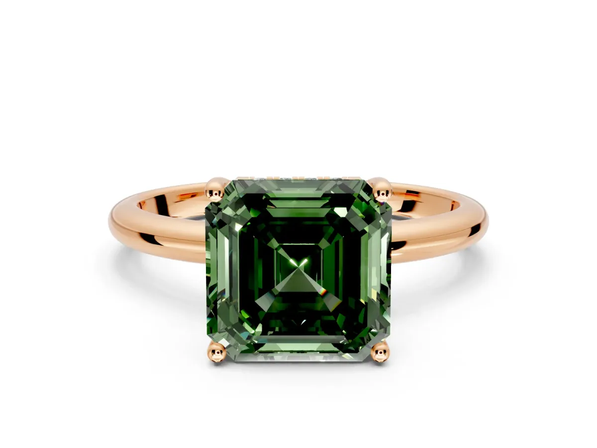 Hidden Halo Engagement Ring Setting for Fancy Green Asscher Cut Center with Thin Round-Wire Band and Prong Head in Rose Gold