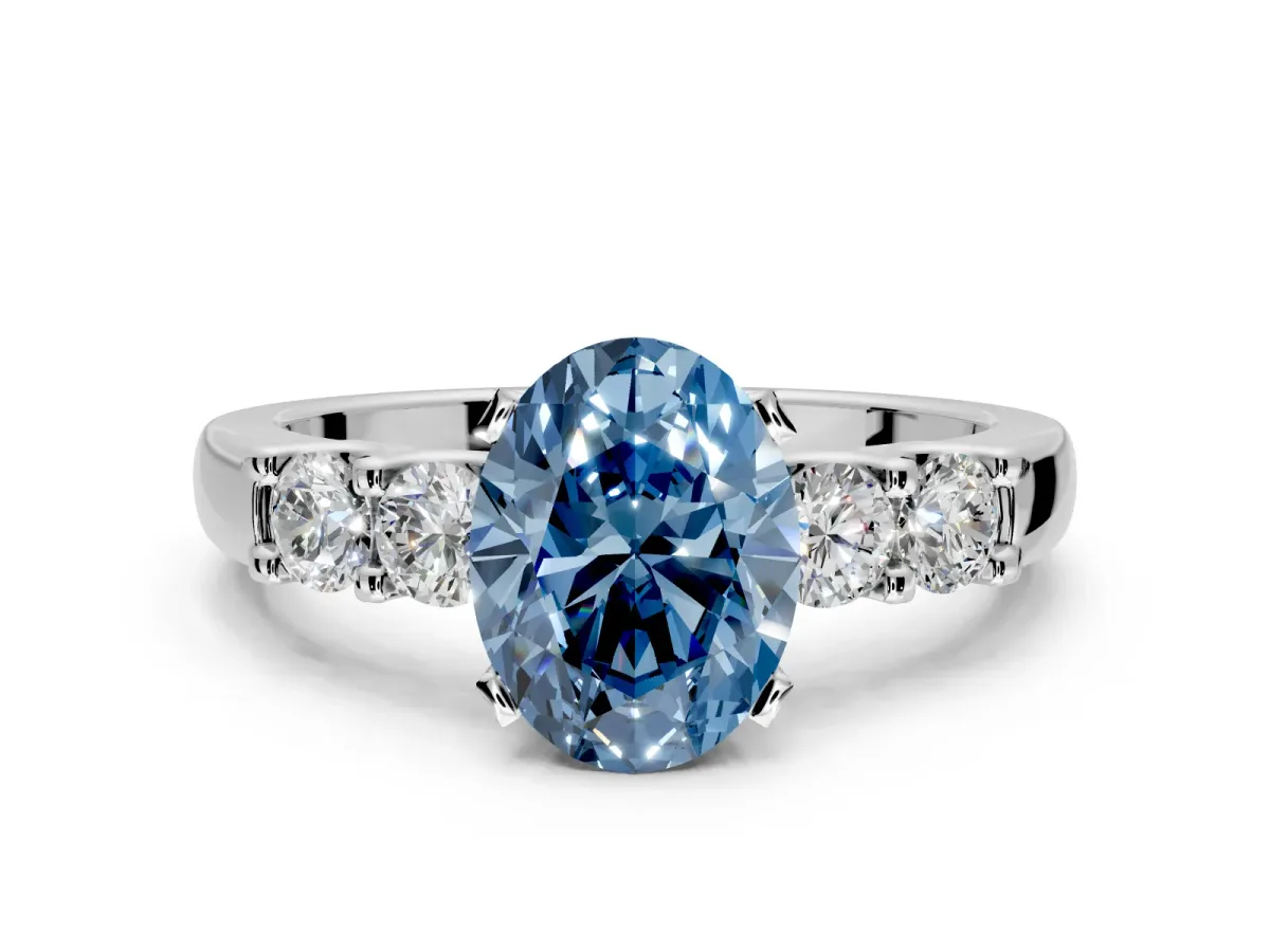 5 Stone Engagement Ring Setting for Fancy Blue Oval Center with Plain Band and Prong Head in White Gold