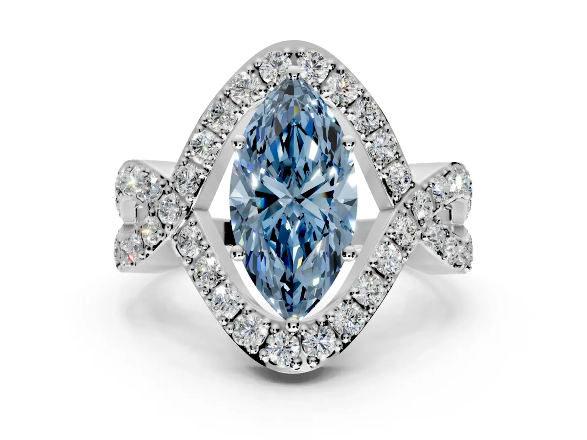 Halo Engagement Ring Setting for Fancy Blue Marquise Center with Pave Infinity Twist Band and Prong Head in Platinum