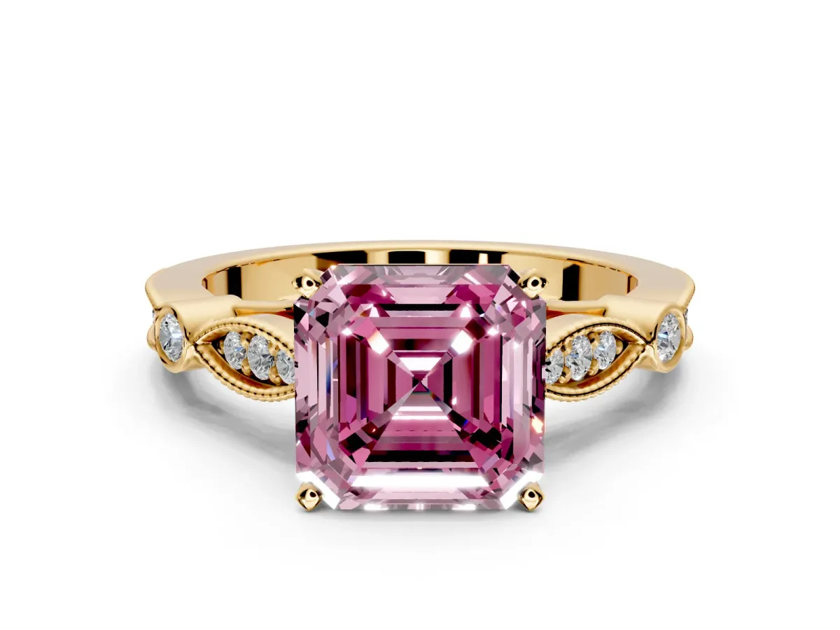 Solitaire Engagement Ring Setting for Fancy Pink Asscher Cut Center with Marquise and Bezel Accents and Prong Head in Yellow Gold