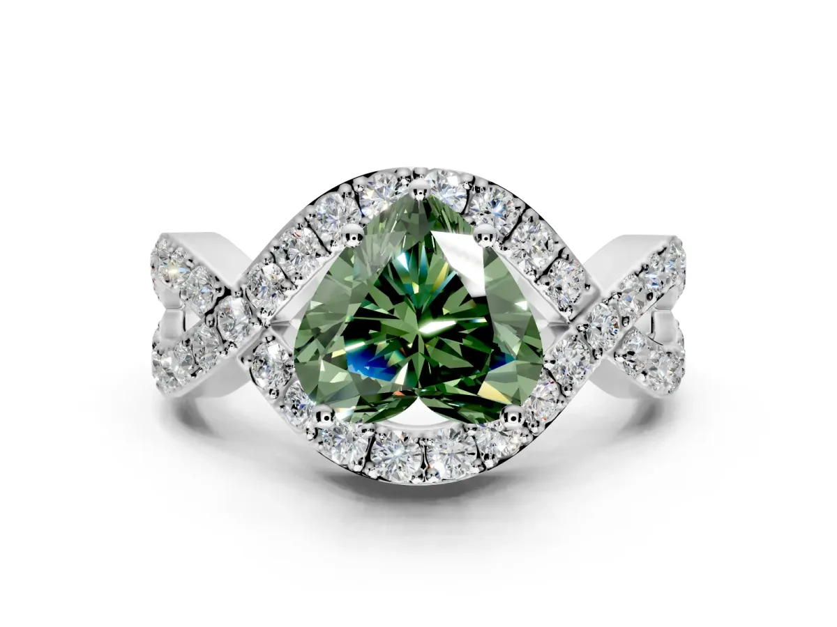 Halo Engagement Ring Setting for Fancy Green Heart-Shaped Center with Pave Infinity Twist Band and Prong Head in Platinum