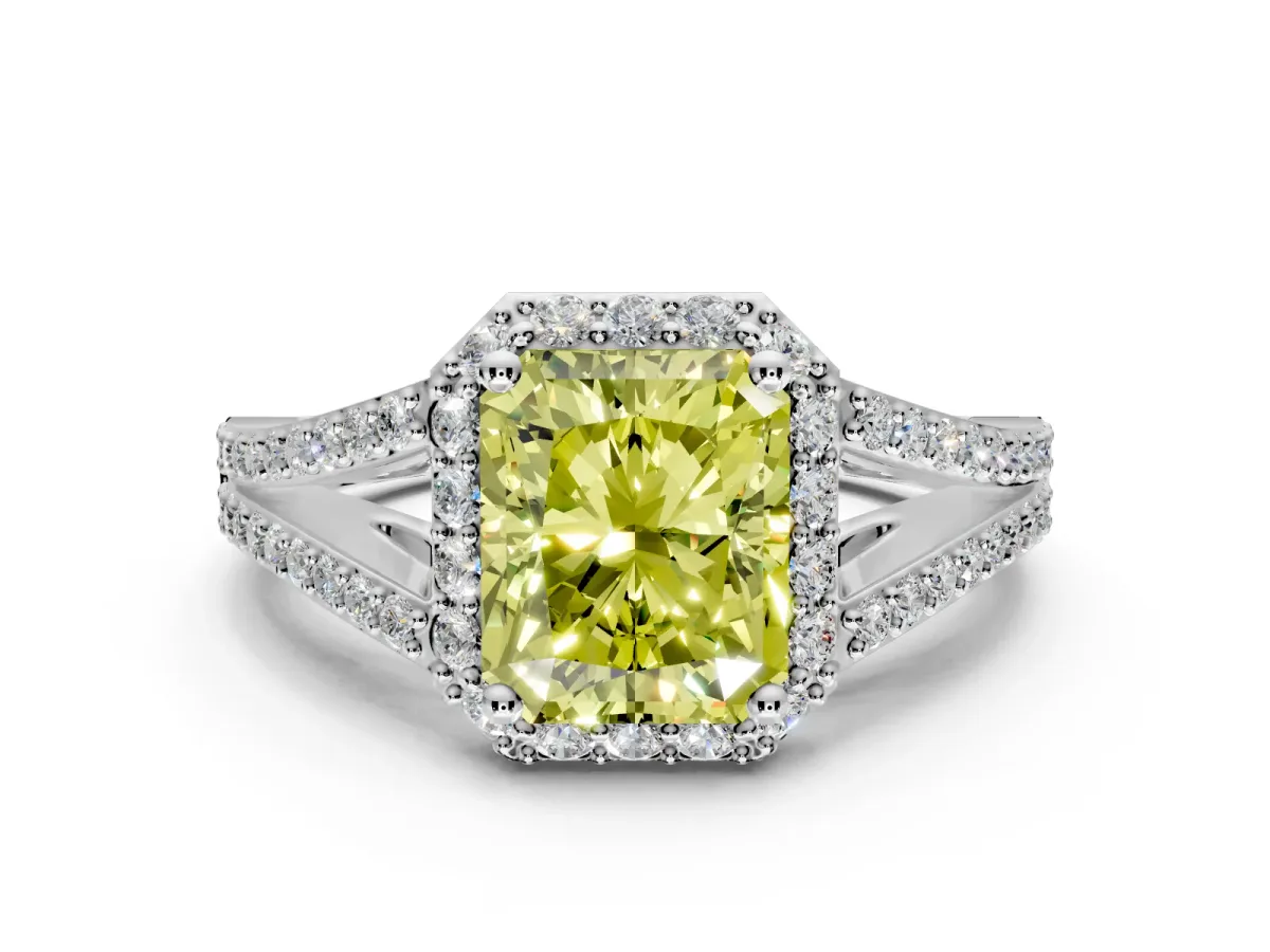Halo Engagement Ring Setting for Fancy Yellow Radiant Cut Center with Pave Split Shank and Prong Head in Platinum