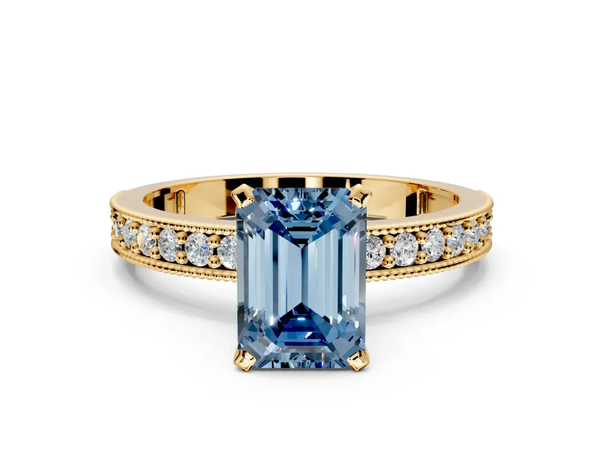 Milgrain Pave Engagement Ring Setting for Fancy Blue Emerald Cut Center with Accent Band and Prong Head in Yellow Gold