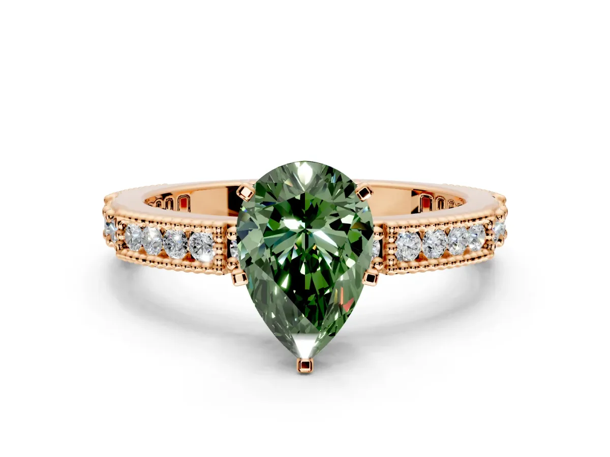 Solitaire Engagement Ring Setting for Fancy Green Pear-Shaped Center with Milgrain-Edged Pave Band and Prong Head in Rose Gold