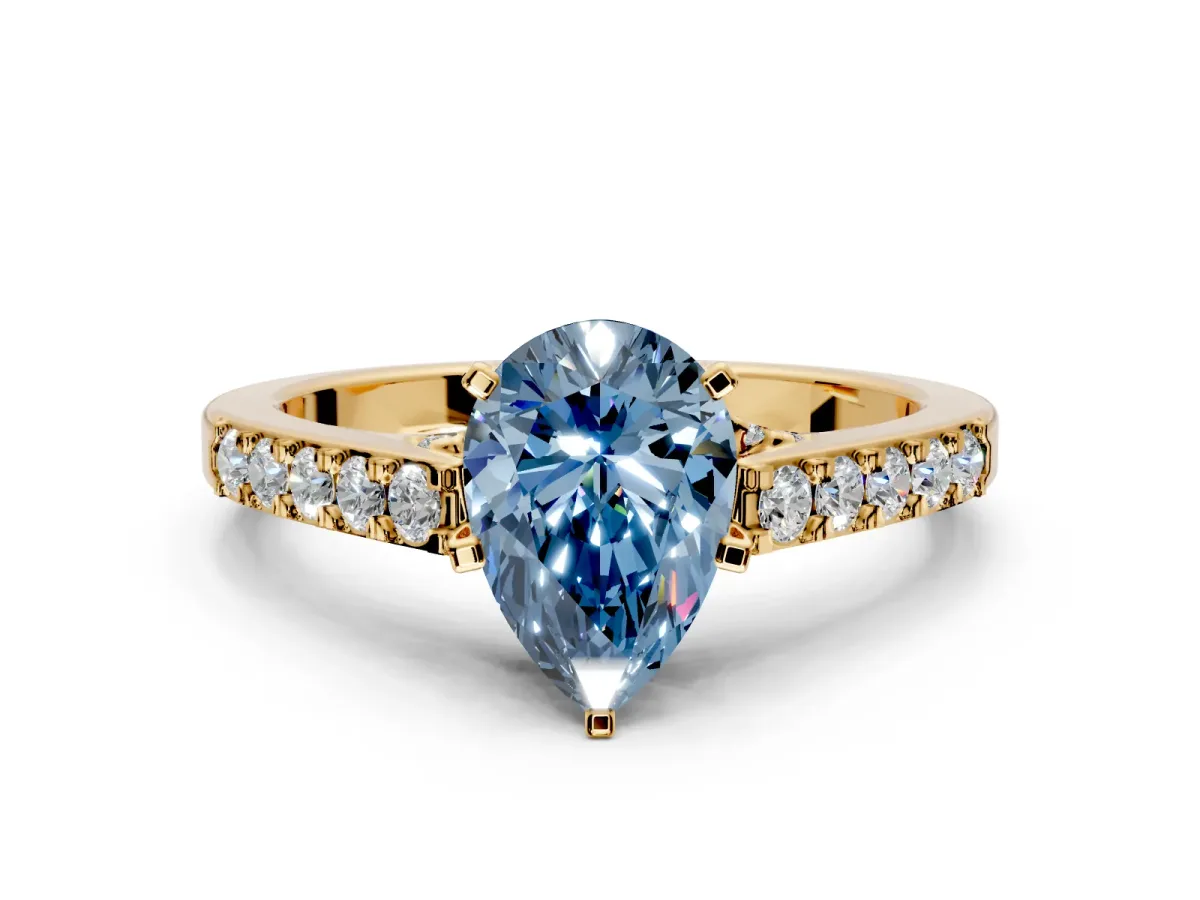 Solitaire Engagement Ring Setting for Fancy Blue Pear-Shaped Center with Crossover Accents and Prong Head in Yellow Gold