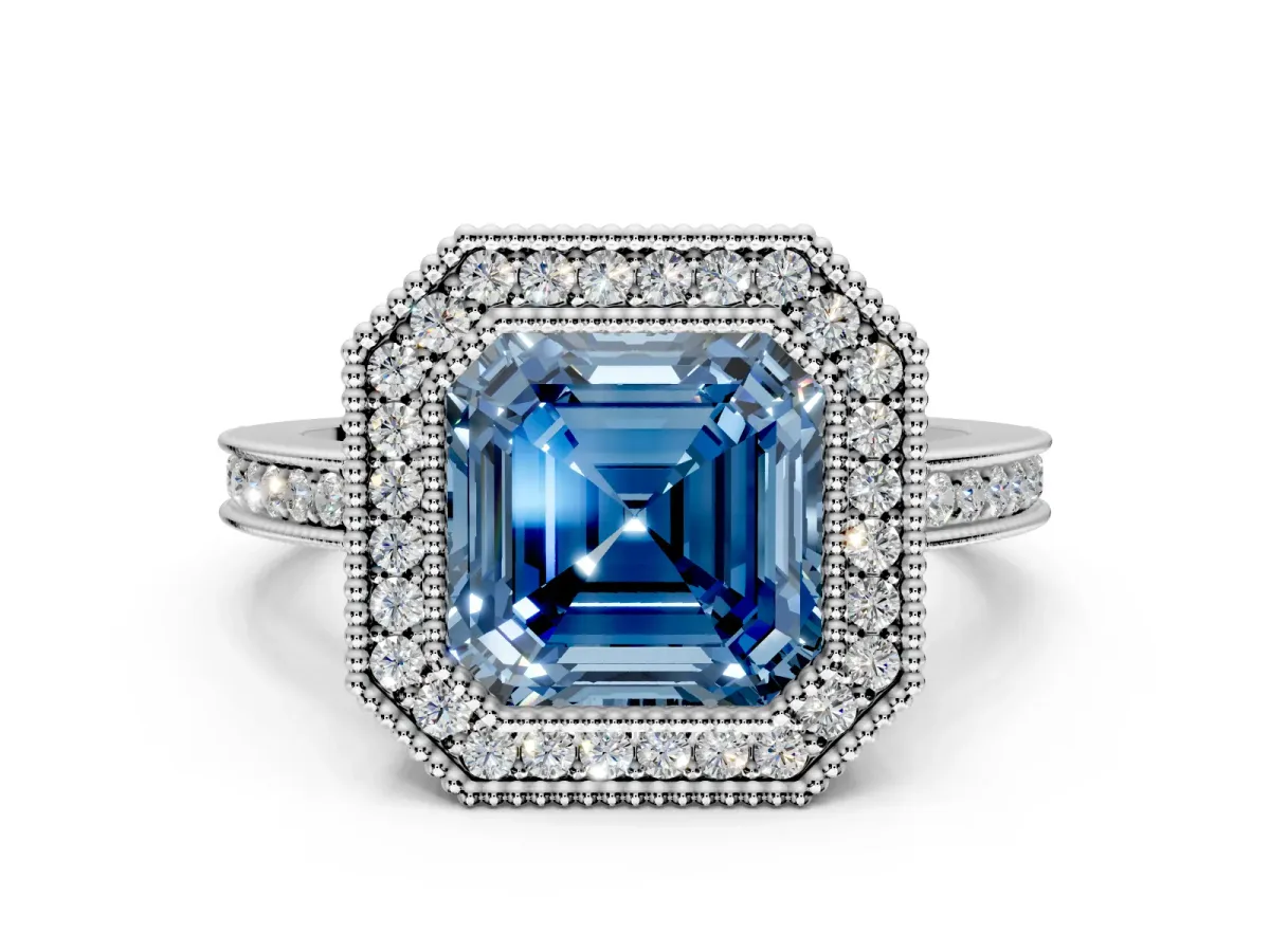 Halo Engagement Ring Setting for Fancy Blue Asscher Cut Center with Milgrain Halo, Pave Band and Prong Head in White Gold