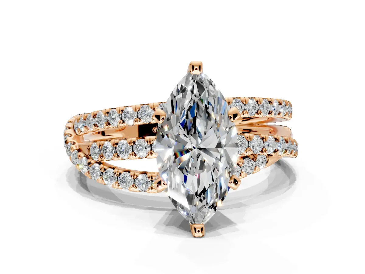 Solitaire Engagement Ring Setting for Marquise Center with Woven 3-Strand Pave Band and Prong Head in Rose Gold