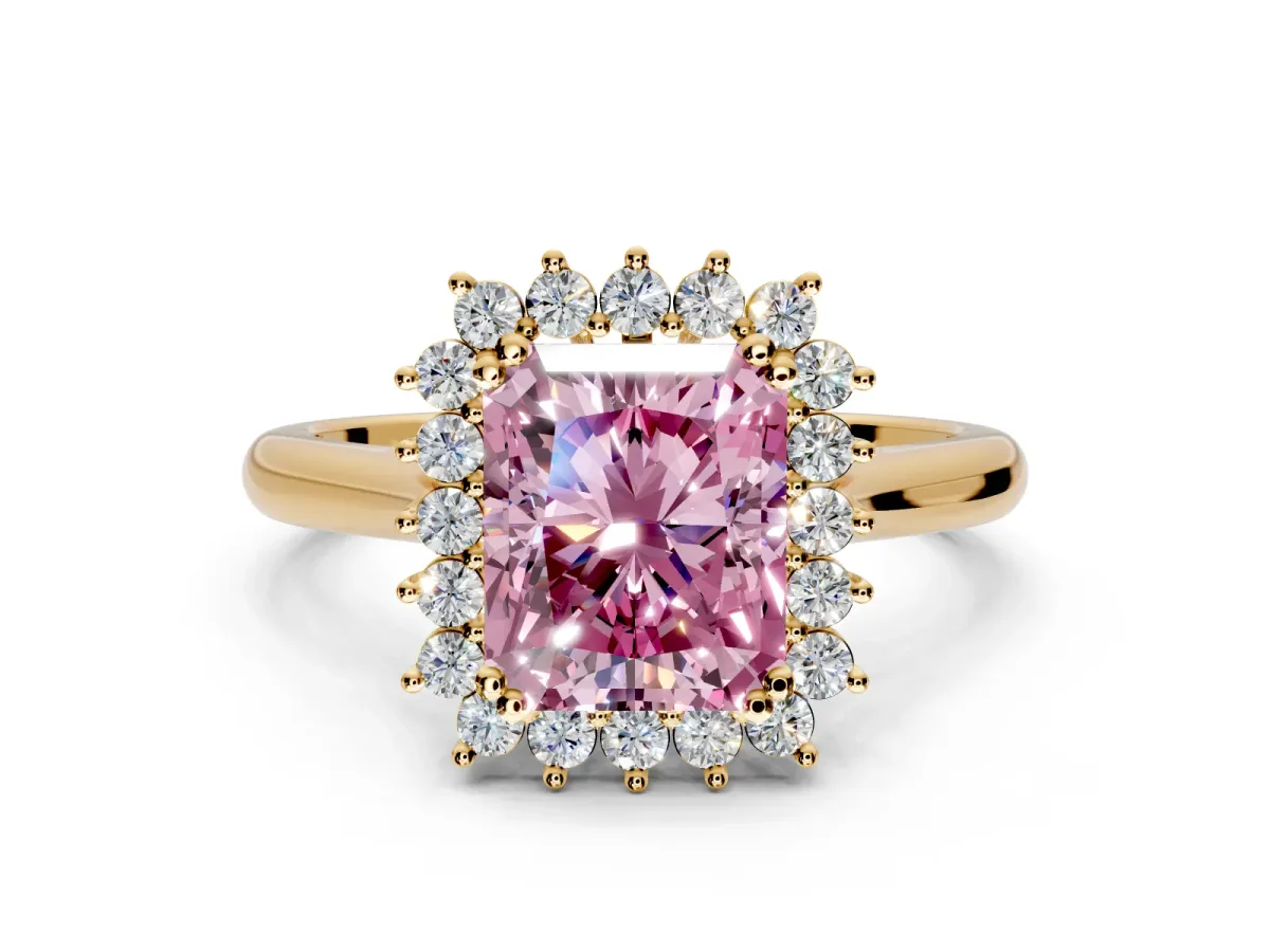 Starburst Halo Engagement Ring Setting for Fancy Pink Radiant Cut Center with Thin Round-Wire Band and Prong Head in Yellow Gold