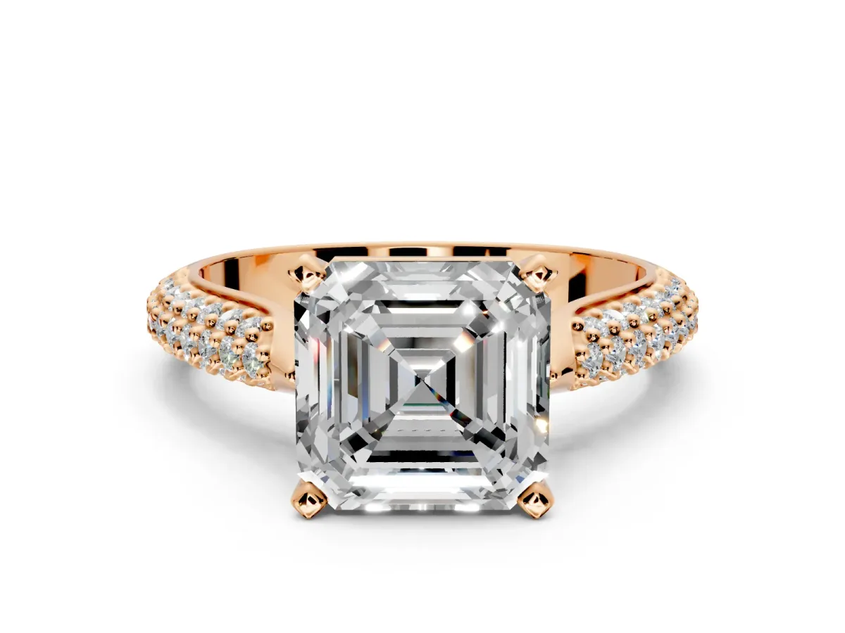 Solitaire Engagement Ring Setting for Asscher Cut Center with Multi-Row Accents and Prong Head in Rose Gold