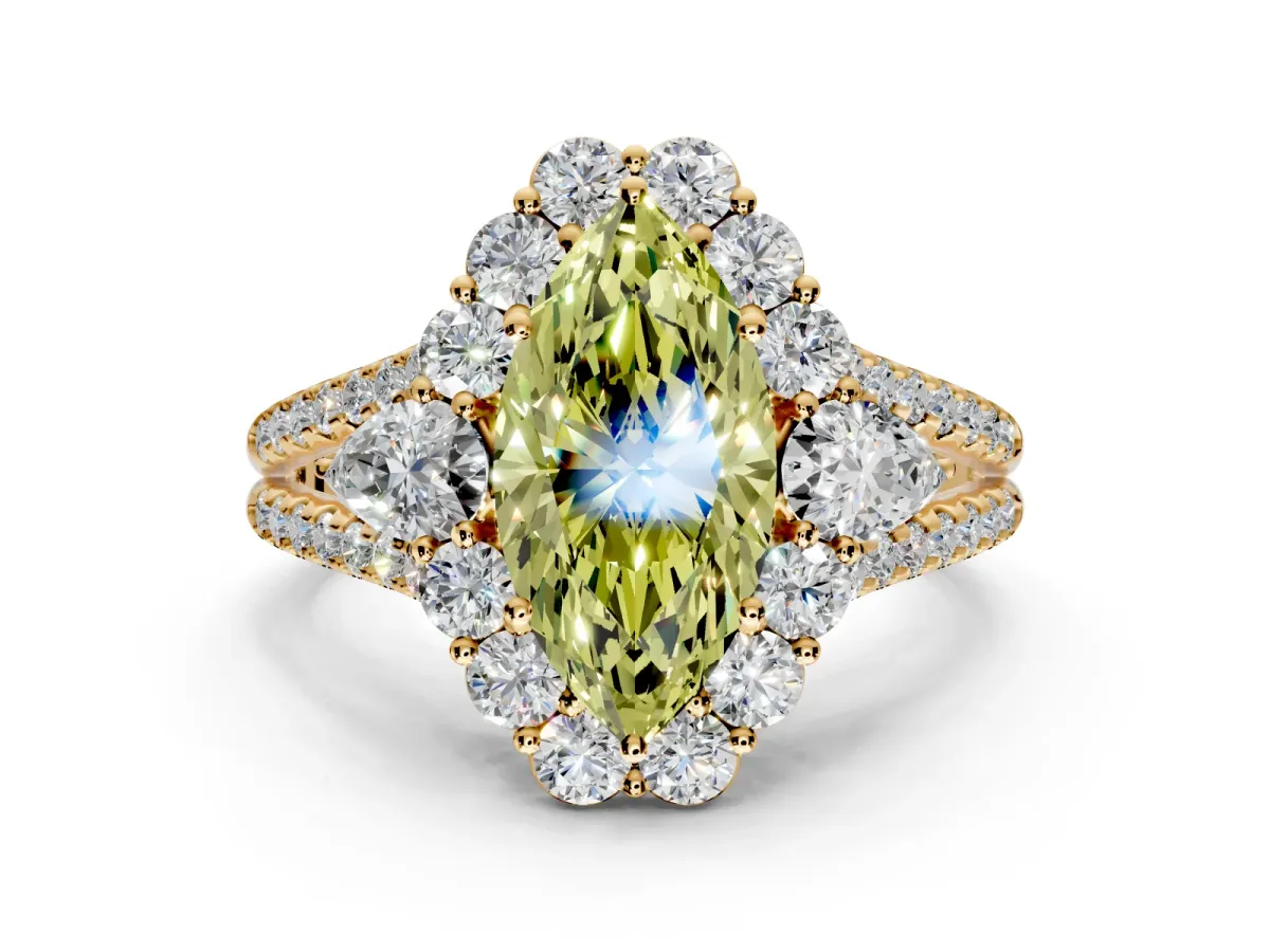 Halo Engagement Ring Setting for Fancy Yellow Marquise Center with Two-Strand Split Shank and Prong Head in Yellow Gold