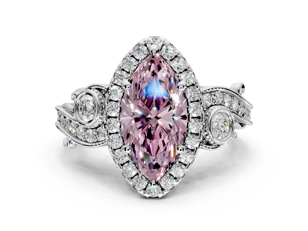 Milgrain Halo Engagement Ring Setting for Fancy Pink Marquise Center with Shoulder Bezels and Prong Head in White Gold