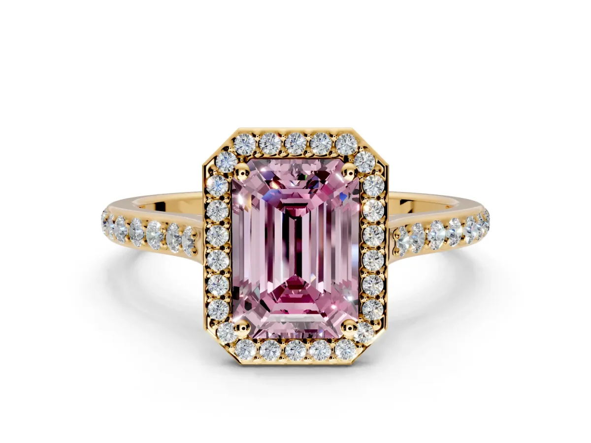 Halo Engagement Ring Setting for Fancy Pink Emerald Cut Center with Pave Accents, Heart Basket and Prong Head in Yellow Gold