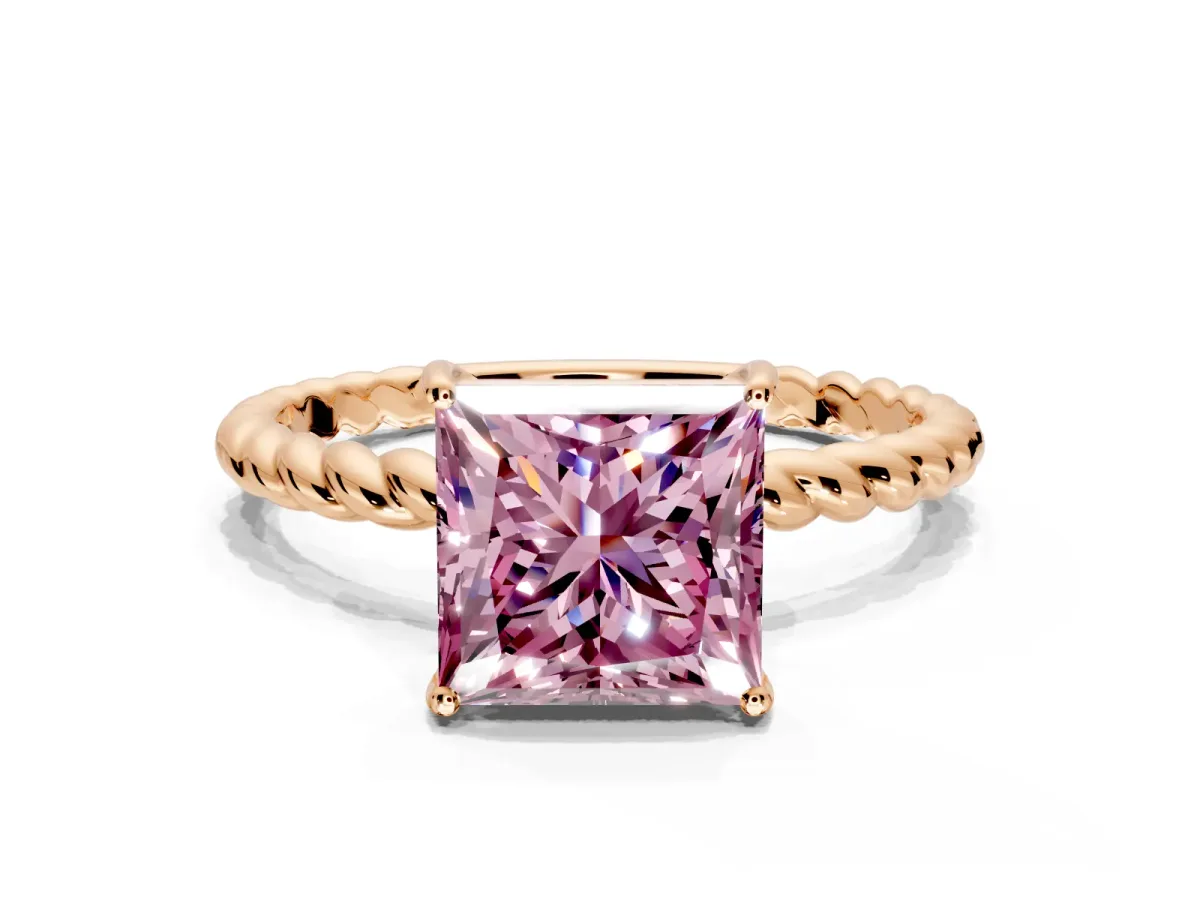 Solitaire Engagement Ring Setting for Fancy Pink Princess Cut Center with Plain Twisted Rope Band and Prong Head in Rose Gold