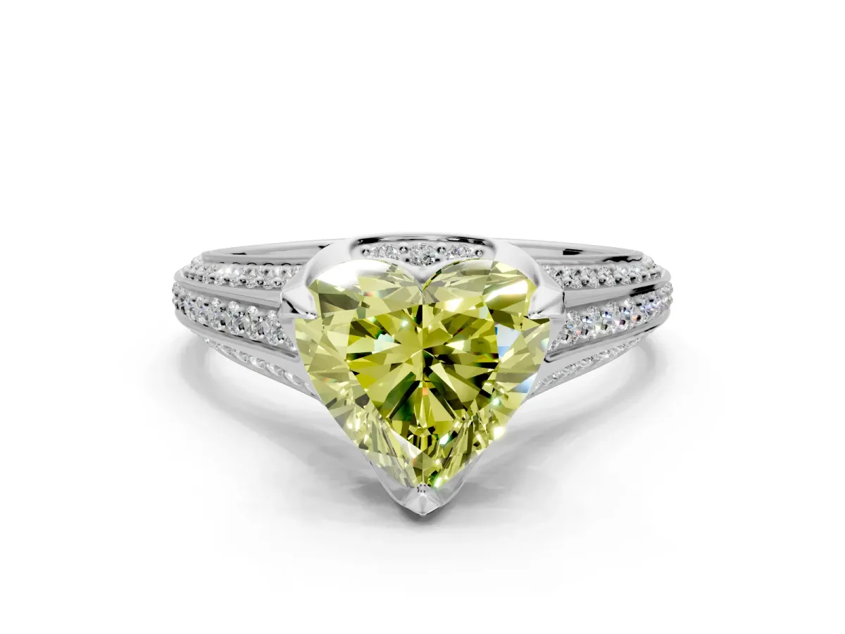 Solitaire Engagement Ring Setting for Fancy Yellow Heart-Shaped Center with Accented Split Shank and Prong Head in Sterling Silver