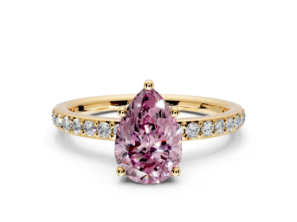 Solitaire Engagement Ring Setting for Fancy Pink Pear-Shaped Center with Fine Pave Band and Prong Head in Yellow Gold