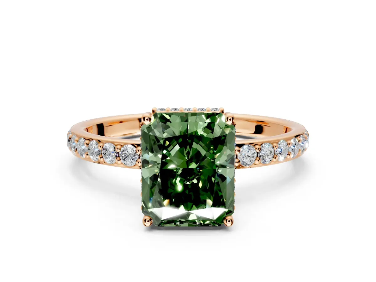 Hidden Halo Engagement Ring Setting for Fancy Green Radiant Cut Center with Pave Band and Prong Head in Rose Gold
