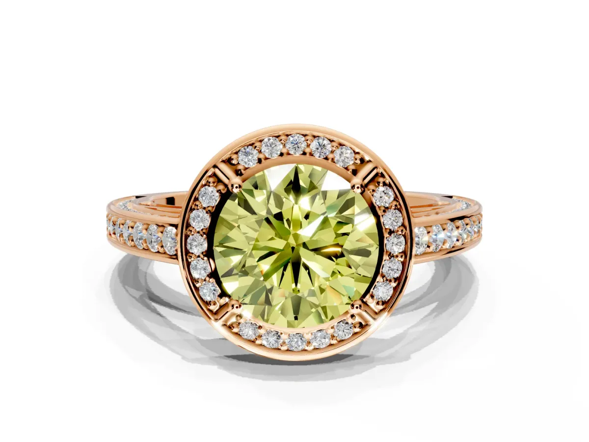 Halo Engagement Ring Setting for Fancy Yellow Round Cut Center with Framed Halo, Pave Band and Prong Head in Rose Gold