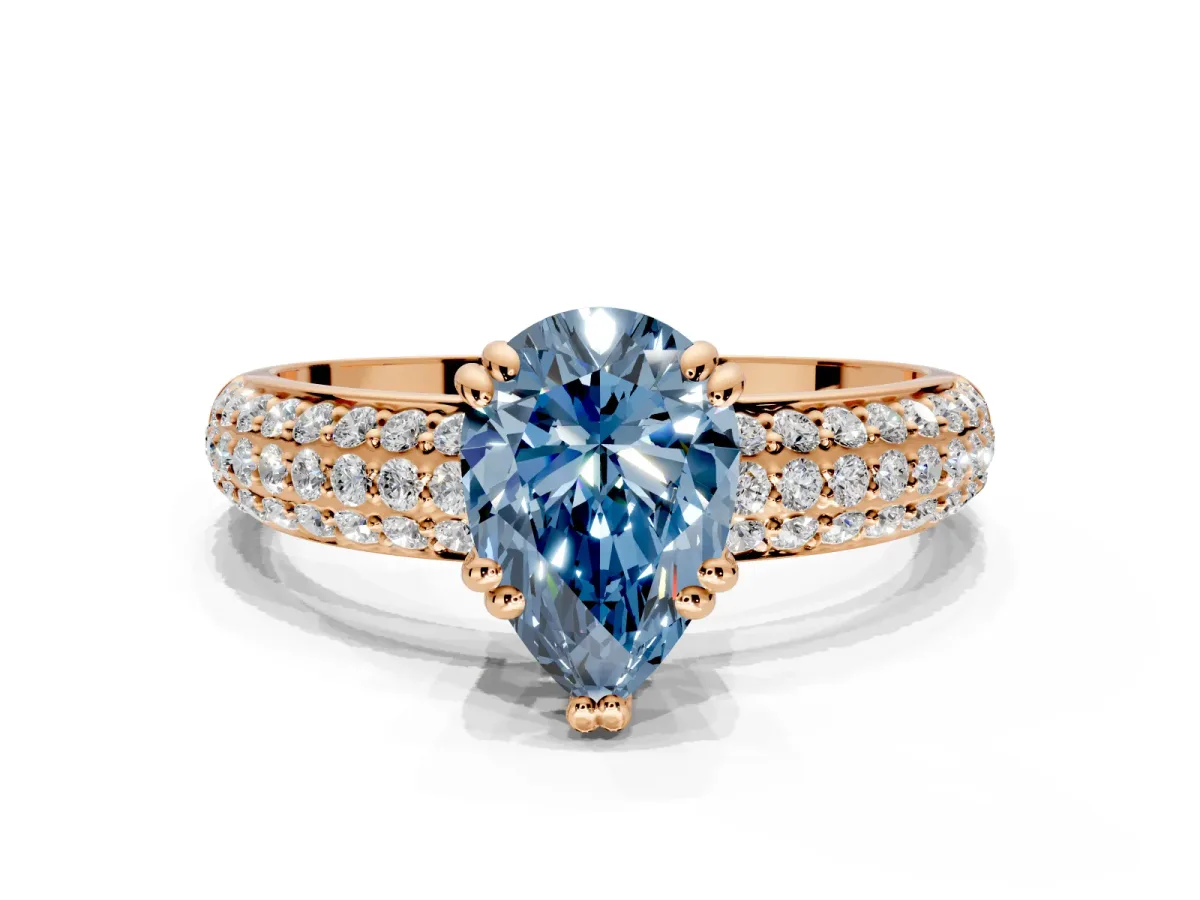 Solitaire Engagement Ring Setting for Fancy Blue Pear-Shaped Center with Multi-Row Pave Accents and Basket Head in Rose Gold