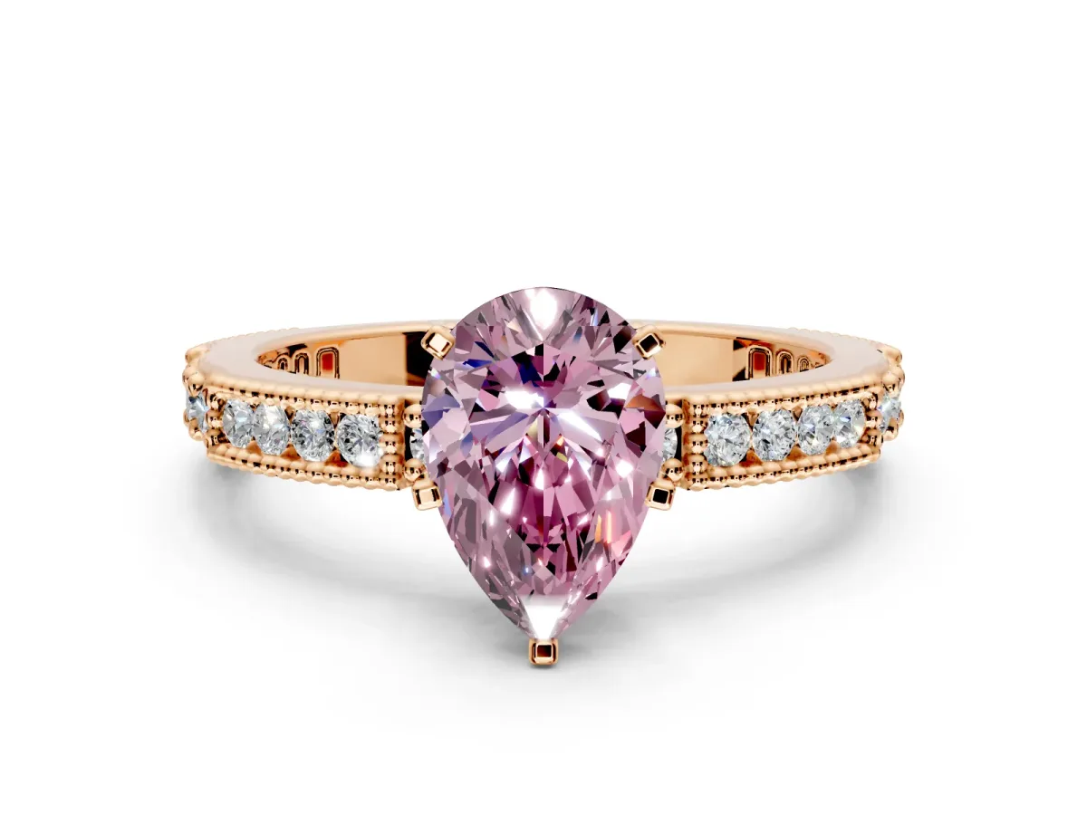 Solitaire Engagement Ring Setting for Fancy Pink Pear-Shaped Center with Milgrain-Edged Pave Band and Prong Head in Rose Gold