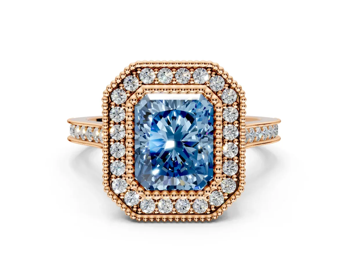 Halo Engagement Ring Setting for Fancy Blue Radiant Cut Center with Milgrain Frame, Pave Band and Prong Head in Rose Gold