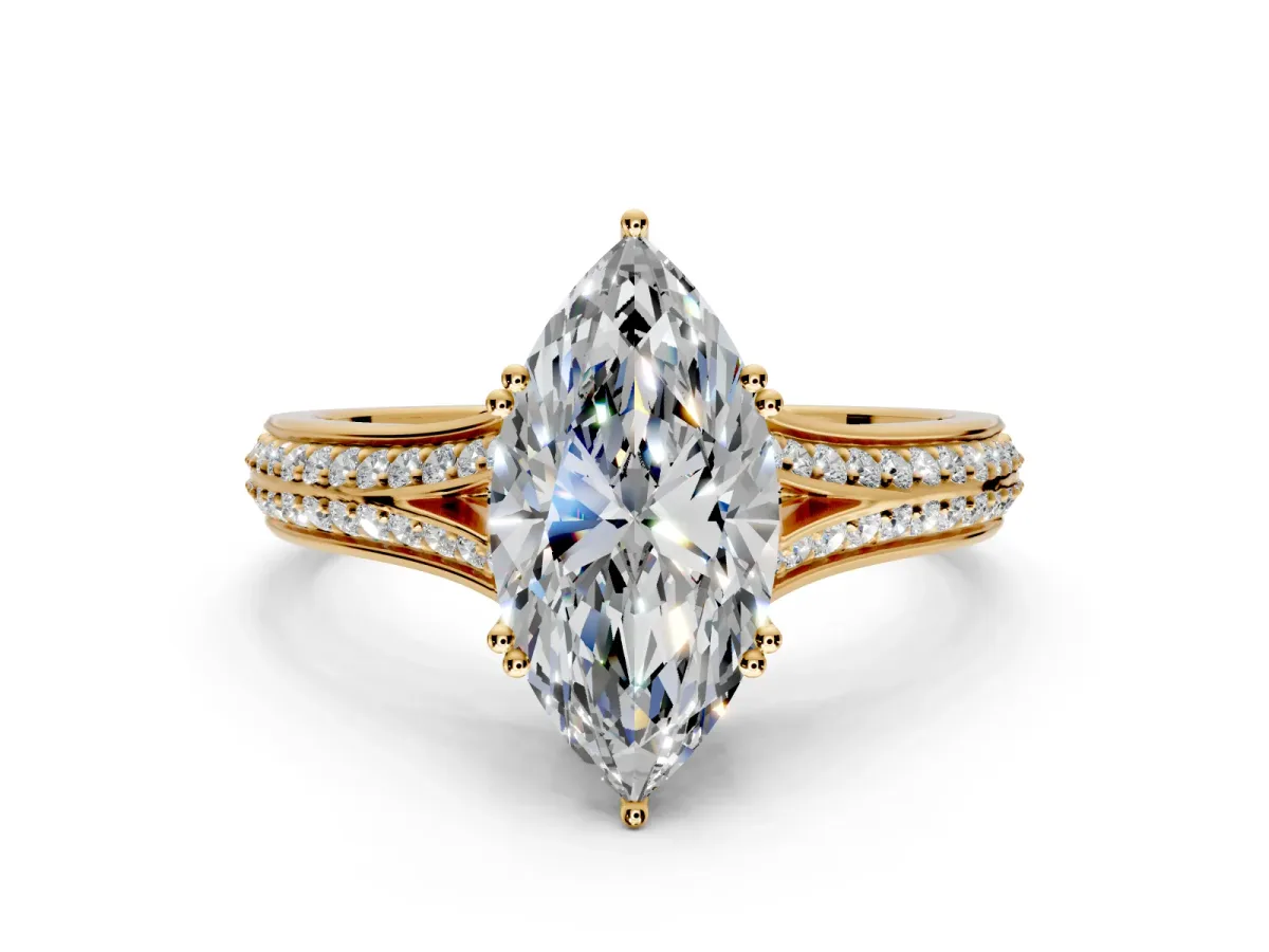 Solitaire Engagement Ring Setting for Marquise Center with Pave Rail Split Shank and Prong Head in Yellow Gold