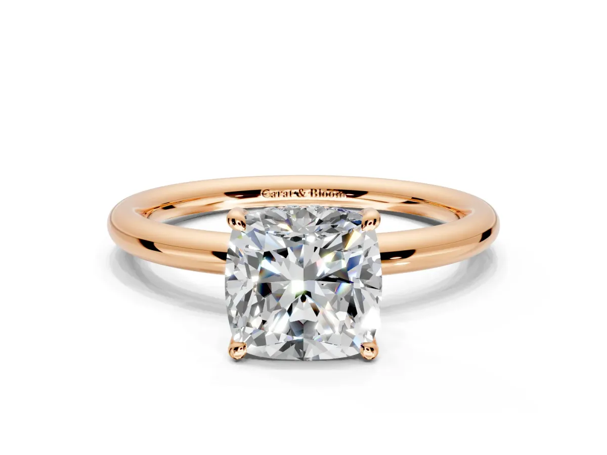 Hidden Halo Engagement Ring Setting for Cushion Cut Center with Thin Rounded Band and Prong Head in Rose Gold
