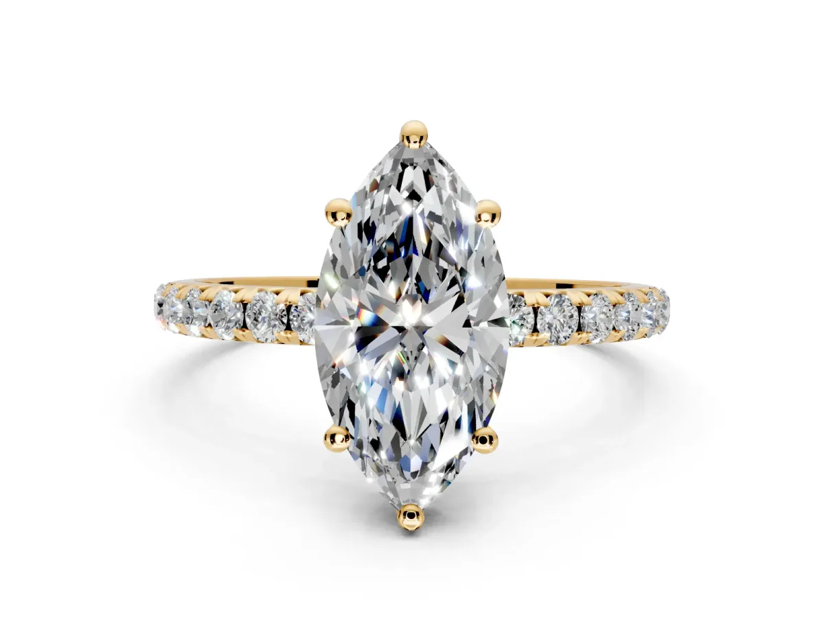 Solitaire Engagement Ring Setting for Marquise Center with Micro Pave Band and Prong Head in Yellow Gold