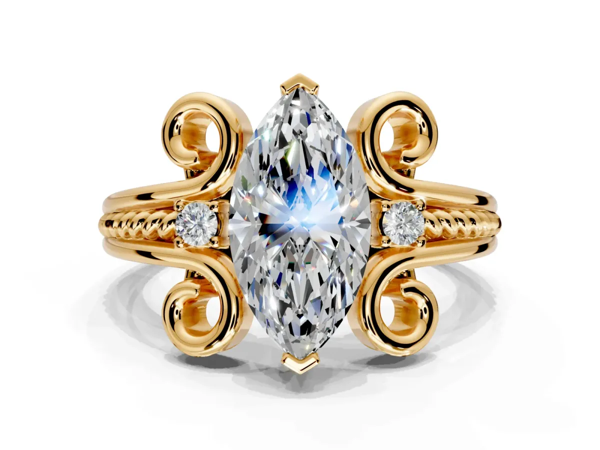 Solitaire Engagement Ring Setting for Marquise Center with Twisted Band and Scroll Prong Head in Yellow Gold